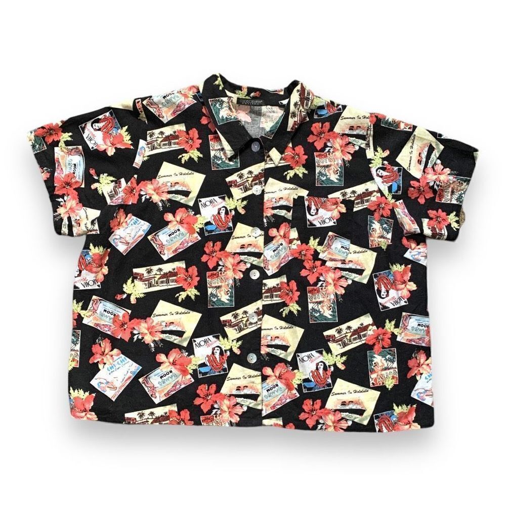 Vintage 90s Shirt Black Camp Collar Hawaiian Dark Floral Print Short Sleeve Plus